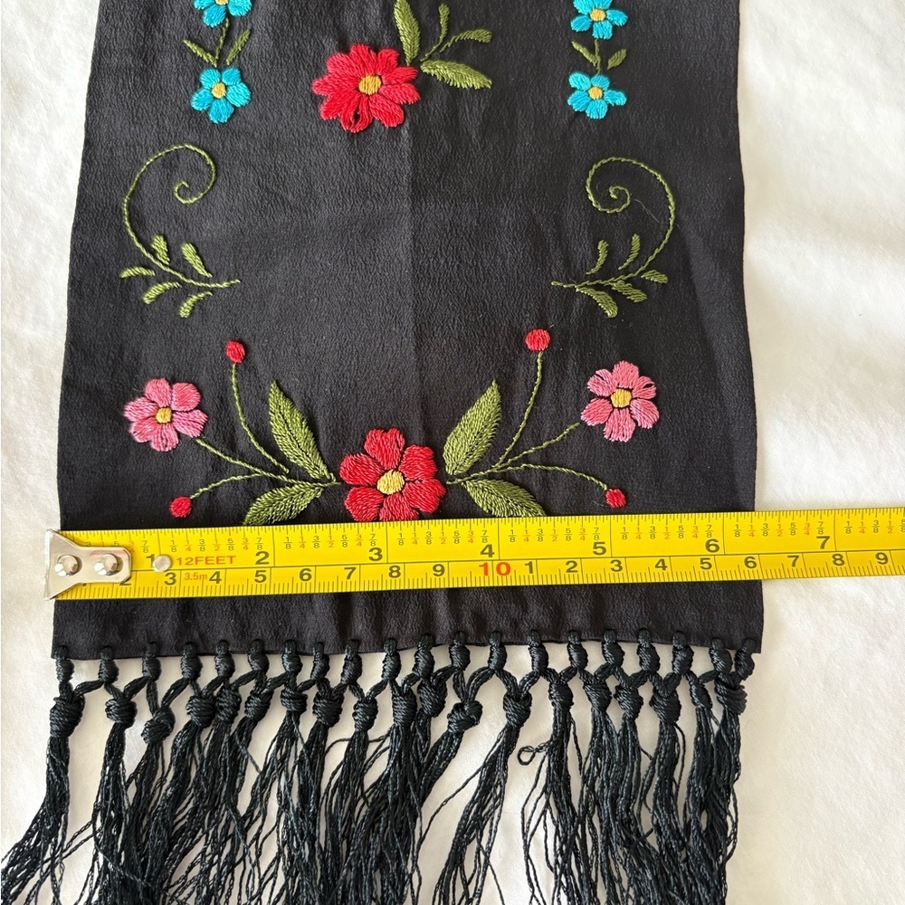 ECHO 100% Silk Black Embroidered Floral Scarf Long Knotted Fringe 75” - Picture 6 of 7